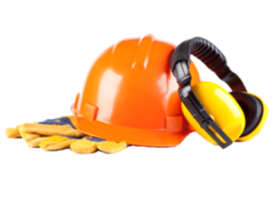Construction worker helmet, gloves and ear protection